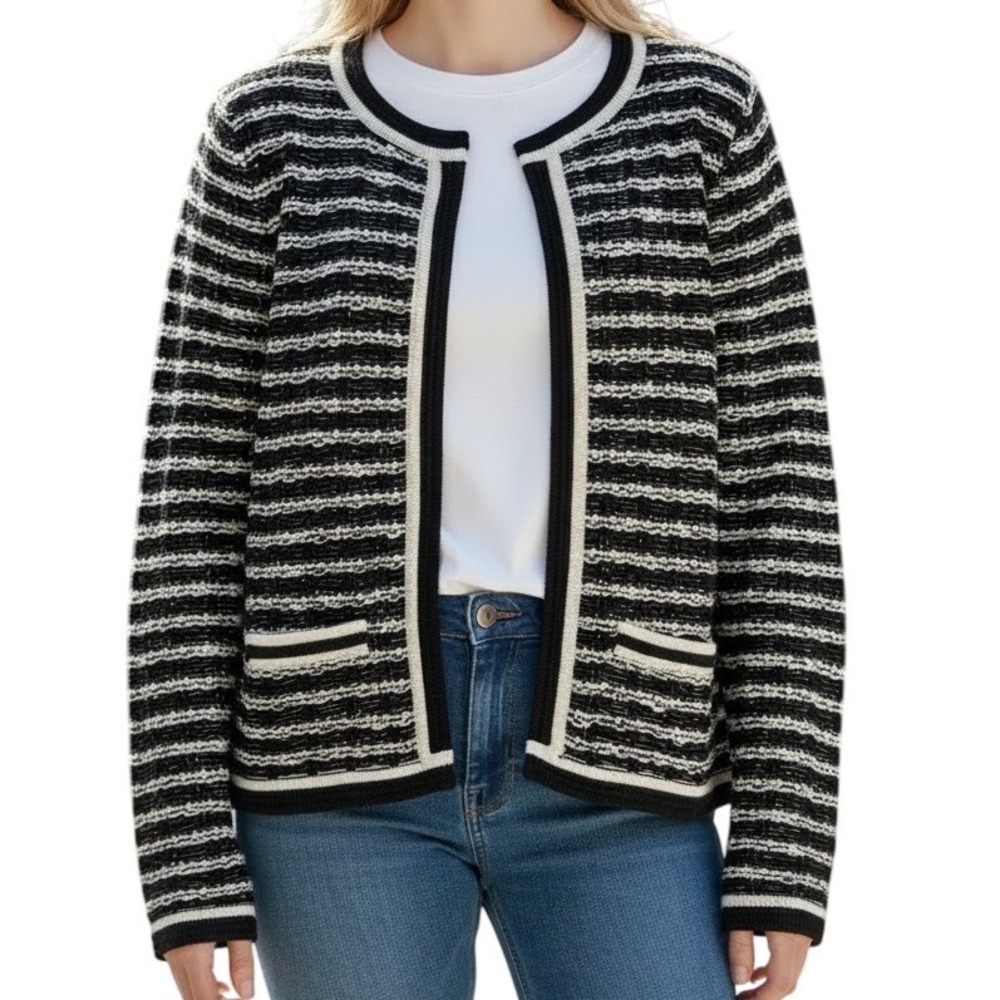 WHITE HOUSE BLACK MARKET Striped Metallic Open Front Cardigan‎ EUC Size Medium